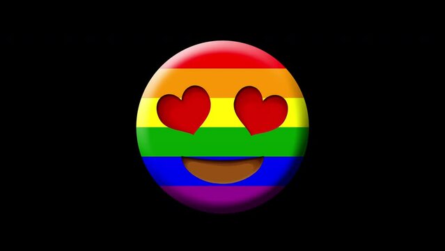 Lgbt concept.Animation of smiling face with lgbtq flag colors and heart-shaped eyes .Animated Emoji. Smiley face icon animation on black background.Emoticon motion design video.