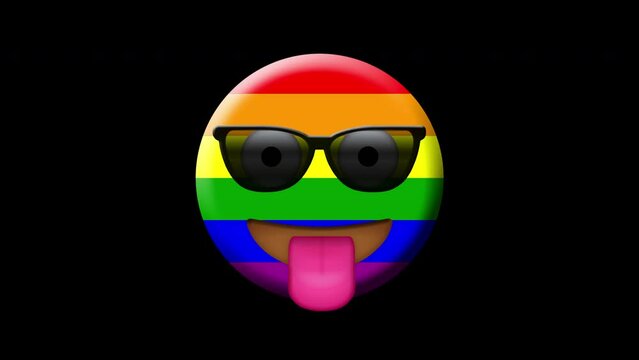 Lgbt concept.Animation of smiling face with lgbtq flag colors and sunglasses.Animated Emoji. Smiley face icon animation on black background.Emoticon motion design video.