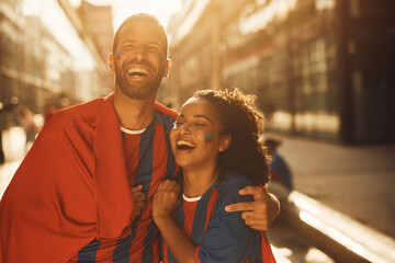 Fototapeta premium Cheerful couple of sports fans have fun while going on soccer match.