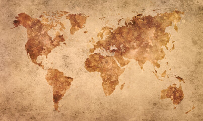 Fototapeta premium Vintage World map in brown watercolor painting abstract splatters on an old paper.