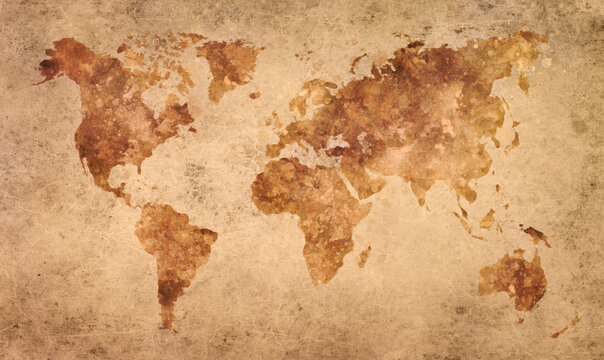 Vintage World map in brown watercolor painting abstract splatters on an old paper.