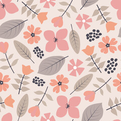 Artistic abstract flowers and leaves. Floral seamless pattern design for textile and printing. Elegant repeat texture background