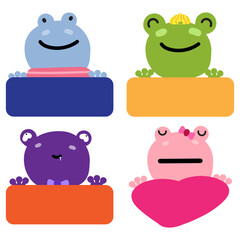 Frog Face Mood with Banner. Cute Wildlife Animal hang on Colorful Tag Vector Illustration.