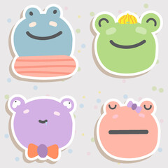 Frog Face Mood Sticker. Cute Wildlife Cartoon Animal hang on Tag Vector Illustration.