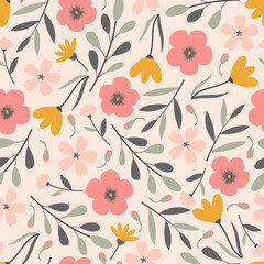 Fototapeta premium Artistic trendy abstract flowers and leaves. Floral seamless pattern design for surface printing. Ditsy repeat textured background