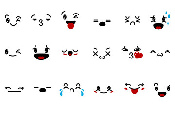 Emoji set. Set of various cartoon emoticons. Doodle faces, eyes and mouth. Cartoon comic expressive emotions, smiling, crying and surprised characters facial expressions. Vector illustration