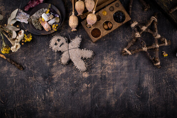 Fototapeta na wymiar Voodoo doll. Black magic esoteric ritual.