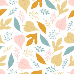 Elegant ditsy floral seamless pattern design of autumn color leaves. Trendy repeat texture foliate background for surface printing
