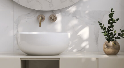 Modern and luxury beige bathroom vanity with  countertop and white round ceramic washbasin in sunlight from window and leaf shadow on marble wall