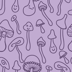 Seventies style agaric mushrooms doodle seamless pattern. Perfect print for tee, paper, fabric, textile. Retro vector illustration for decor and design.