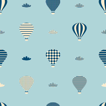 Seamless pattern with hot air balloons and clouds. Perfect print for tee, textile, paper and fabric. Simple vector illustration for surface design.