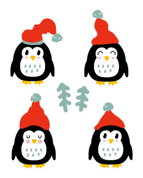Winter penguins in hats with christmas trees collection. Perfect for posters, greeting cards, tee, stickers and print. Isolated vector illustration for decor and design.