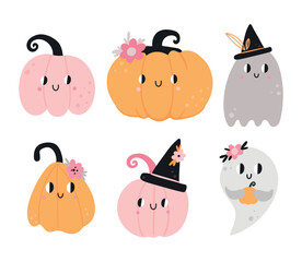 Cute Halloween characters. Funny pumpkin, spooky ghost. Pink colors, childish prints and cards, party decoration collection. Vector cartoon flat isolated illustration set