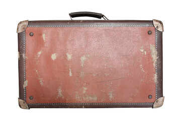 Old worn travelling suitcase on transparent background