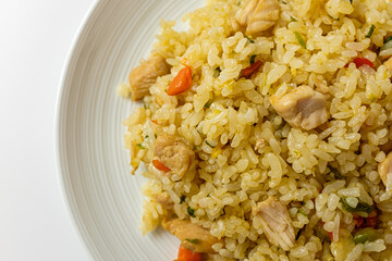 Chicken breast fried rice on white background
