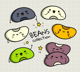 Kawaii beans collection. Cute kawaii characters. Happy beans in cartoon style. Kawaii legume, kidney beans, soybeans, mung beans characters.