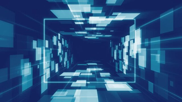 Motion graphic Camera flying into a blue Technologic abstract digital sci-fi corridor 4k background loop. Futuristic cool tunnel square with Technological big data matrix, seamlessly looping. 

