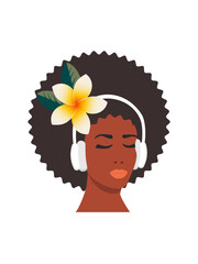 A beautiful African American woman in headphones listens to music. Woman head isolated on white background. The concept of relaxation, good mood, rest. Vector.