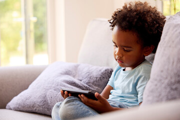 Boy Playing Handheld Computer Game Sitting On Sofa At Home