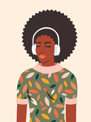 A young beautiful American woman in headphones listens to music. The concept of relaxation, good mood, rest. Vector.