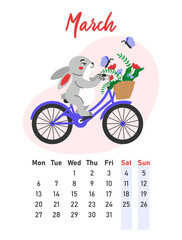 March 2023 calendar. The hare rides a bicycle. Flat vector illustration.