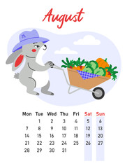 August 2023 calendar. The hare farmer rolls a wheelbarrow with fresh vegetables. Flat vector illustration.