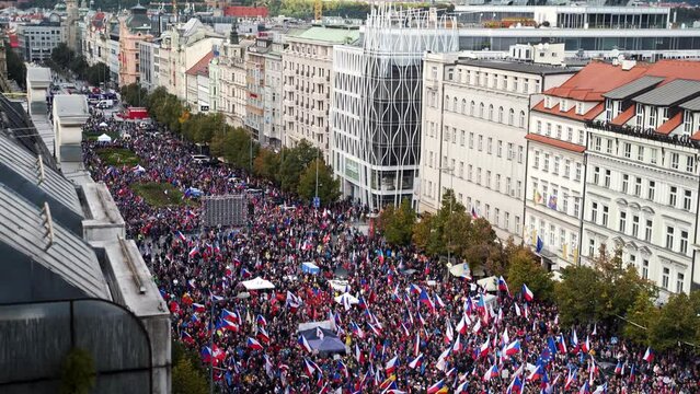 Massive demonstration with czech flags at Wenceslas square, Prague.