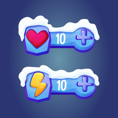 Ice fantasy interface winter template game menu life with heart shape button and energy in cartoon style isolated on white background. Ui asset, frame for settings design. Casual web 2d element.
