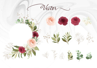 Set of watercolor floral arrangements of brown and peach roses and leaves. Botanic decoration illustration for wedding card, fabric, and logo composition