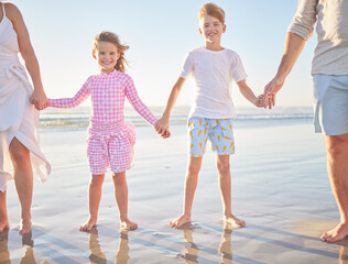 Happy family love, beach and hands of children together with parents while having outdoor fun and...