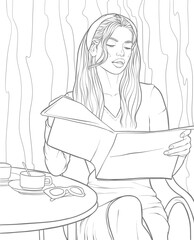 Young girl reading a book outline coloring vector illustration
