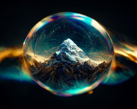 Mount Everest, Himalaya, Giant Mountain With Eternal Snow Trapped Into A Floating Bubble. Miniature World, Canned World. Photo Realistic, Cinematic Light, Epic Set-up