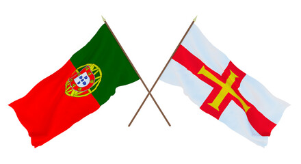 Background, 3D render for designers, illustrators. National Independence Day. Flags Portugal and Bailiwick of Guernsey