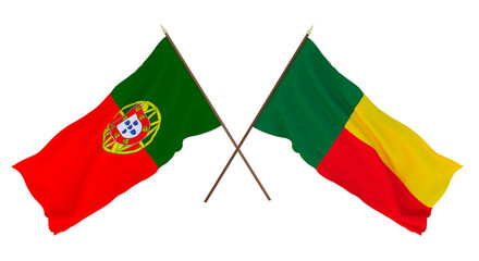 Background, 3D render for designers, illustrators. National Independence Day. Flags Portugal and Benin