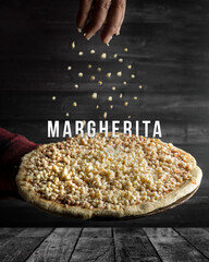 flying pizza with cheese cubes