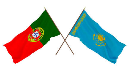 Background, 3D render for designers, illustrators. National Independence Day. Flags Portugal and Kazakhstan