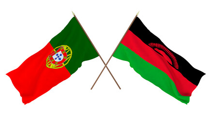 Background, 3D render for designers, illustrators. National Independence Day. Flags Portugal and Malawi