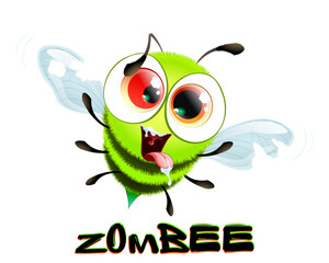 Cute funny Halloween flying green bee zombie character with spittle in his open mouth.