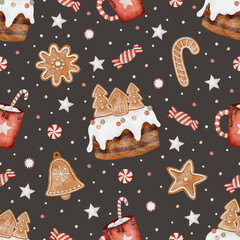 Christmas seamless pattern with festive cakes, ginger breads, lollypops, candy canes, cups with marshmallow.