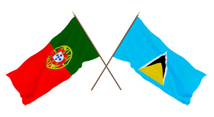 Background, 3D render for designers, illustrators. National Independence Day. Flags Portugal and Saint Lucia