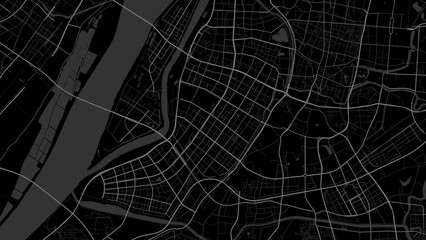 Dark black Nanjing city area vector background map, roads and water illustration. Widescreen proportion, digital flat design.