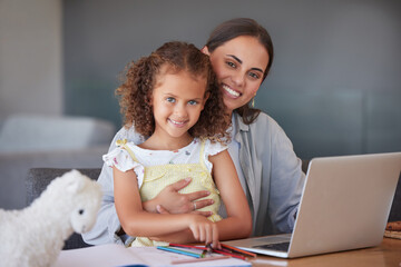 Girl homework, laptop school and mother helping child with school work on the internet, family...