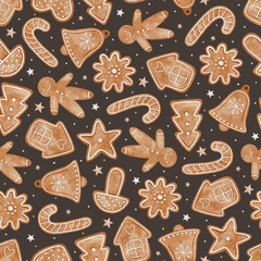 Christmas seamless pattern with gingerbread cookies. Christmas house, gingerbread man, tree, mushroom, flower, candy cane, bell and christmas star. - obrazy, fototapety, plakaty