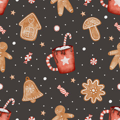 Christmas seamless pattern with gingerbreads, cups, lollypops and candy canes.