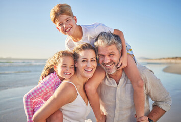 Travel, love and beach portrait with happy family on summer vacation, bonding and playing on ocean...
