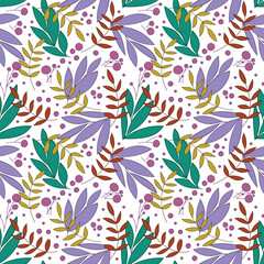 Doodle seamless pattern. Abstract pattern with leaves, branches and circles. Suitable for printing on paper, cover design, fabric