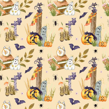 Halloween pattern with the Black Cat and Jack o Lantern. Watercolor illustration of Bat and Spider, Boots with Toadstools, Cross and Funny Pumpkins. An old suitcase with books and a clock.