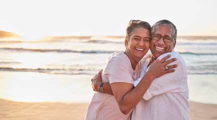 Senior couple, beach travel and hug by water of Dubai, happy on holiday for retirement and love by ocean. Portrait of elderly African man and woman hugging by sea during vacation with mockup space