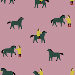 Cute seamless pattern with girl riding a horse on llilac background. Funny vector cartoon background for dresses,textiles, wallpapers, designer paper, etc