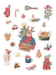 Christmas bakery stickers set with deer, gingerbread, spices, mistletoe, cookies. Vector illustration.